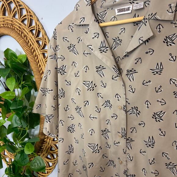Vtg Nautical Print Shirt Anchor Sailboat Camp Collar Button 90s Top Soft Autumn - Picture 5 of 5
